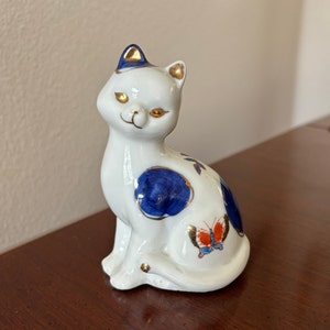 Vintage Porcelain China Cat Figurine Blue White Gold Asian Design Flowers Butterfly Accents
