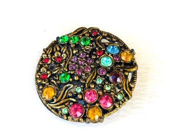 Vintage Rhinestone Brooch – Small 1” Round Floral Pin, Multicolor Jewels on Antique Gold Filigree, Victorian Revival Costume JewelTy