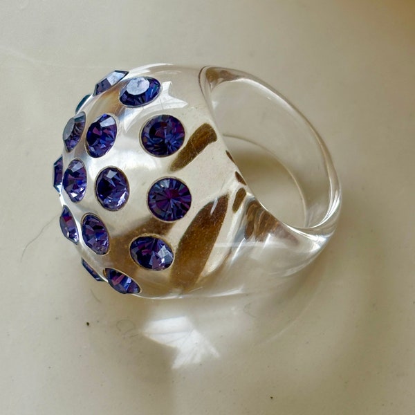 Clear Lucite Blue Rhinestones Dome Bubble Ring Vintage 1970s