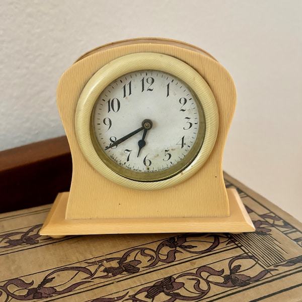 Antique Celluloid Alarm Clock New Haven Clocks Deco Desk Bedside Clock