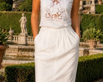 Handmade Eyelet Cotton Top & Emporio Armani White Linen Skirt from the 90's