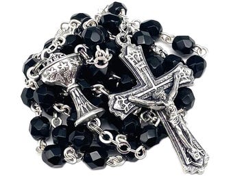 First Communion Catholic Handmade Rosary in Black Czech Glass Beads with Chalice Center
