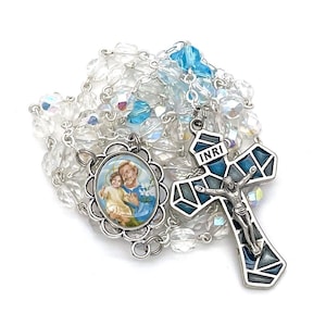St. Joseph Catholic Handmade Rosary with a Stained Glass Window Crucifix in Czech Glass Beads, Art by LuminousMomentsbyA