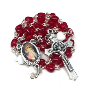 Divine Mercy Catholic Handmade Rosary in Czech Glass Heart Beads featuring a St. Benedict Crucifix