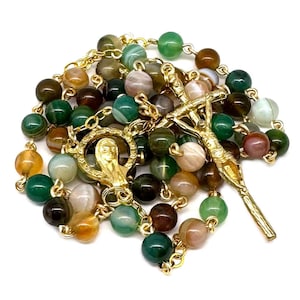 Catholic Handmade Rosary Featuring Striped Agate Stone Beads in Dark Sea Green