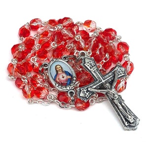 Sacred Heart of Jesus Catholic Handmade Rosary in Red Czech Glass Beads