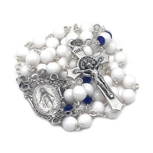 White Catholic Handmade Rosary with Blue Swarovski Accents