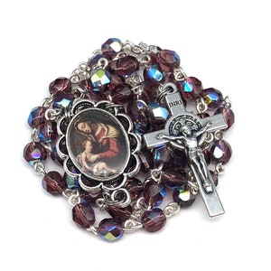 Virgin Mary Catholic Handmade Rosary in Purple Czech Glass Beads