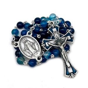 Catholic Handmade Blue Striped Agate Stone Beads with a Miraculous Medal