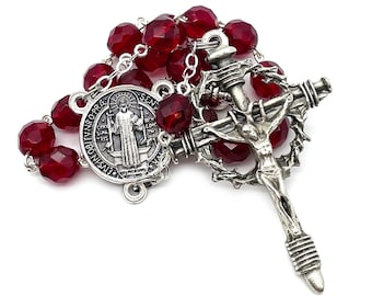 Saint Benedict Large Auto Rosary/Car Rosary 2 Decades with Garnet Czech Glass Beads and Crown of thorns Crucifix, Magnetic Car Rosary