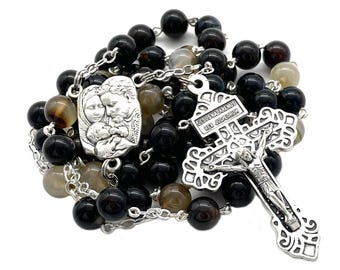 Holy Family Black Agate Catholic Handmade Rosary