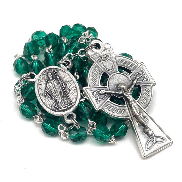 Saint Patrick/St. Patrick Catholic Handmade Rosary in Emerald Green Czech Glass Beads with a Celtic Crucifix