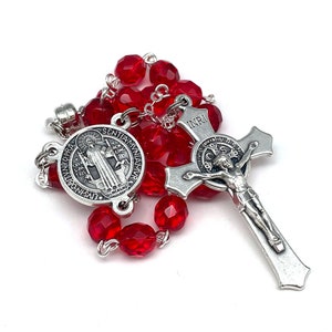 Saint Benedict Large Auto Rosary/Car Rosary 2 Decades with Red Czech Glass Beads with St Benedict Crucifix and Medal, Magnetic Car Rosary