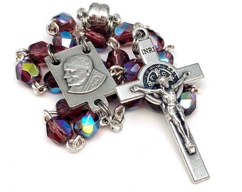 Saint John Paul II Auto Rosary/Car Rosary 2 Decades with Dark Purple Czech Glass Beads and St. Benedict Crucifix