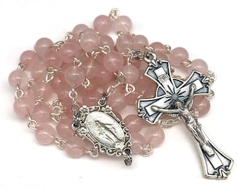 Rose Quartz Catholic Handmade Rosary Featuring a Miraculous Medal and Flared Edges Crucifix