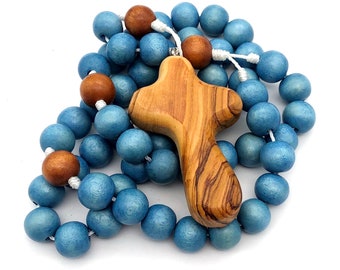 Rosario per bambini di Betlemme di colore blu medio con croce in legno d'ulivo di Betlemme - Personalizzazione opzionale