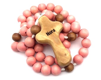 Peach Bethlehem Children's Rosary with Bethlehem Olive Wood Cross - Optional Personalization