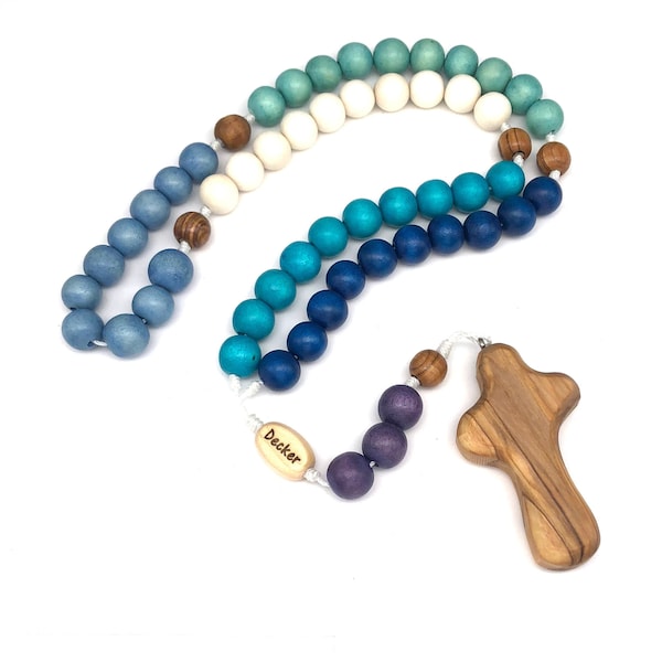 Stella Maris Personalized Child's Rosary with Engraved Our Father Bead and Bethlehem Olive Wood Cross