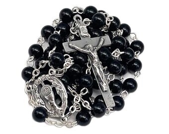 First Communion Rosary in Onyx with First Communion Center, a traditional crucifix and silver plated wire