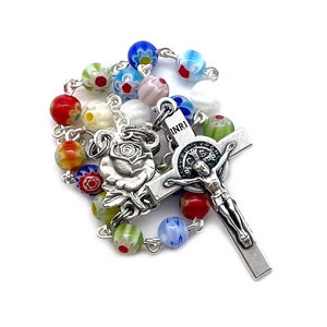 Our Lady of Grace Catholic Handmade Two Decade Auto Rosary in Millefiori Glass Beads