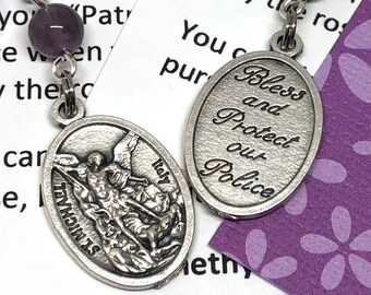 Saint Michael/"Bless and Protect Our Police" St. Michael the Archangel Rosary Marker/Zipper Pull/Stitch Marker with Accent Stone