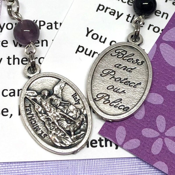 Saint Michael/"Bless and Protect Our Police" St. Michael the Archangel Rosary Marker/Zipper Pull/Stitch Marker with Accent Stone