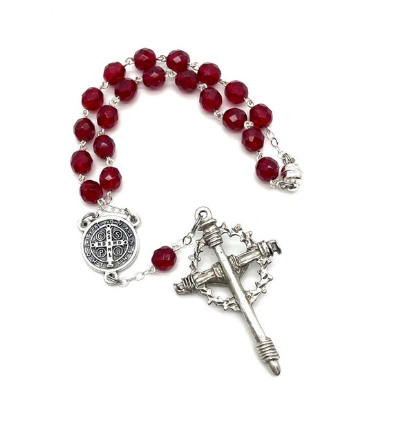Saint Joan of Arc garnet gemstone rosary beads with Crowning of
