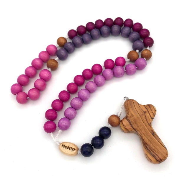 Personalized "Perfectly Purple" Child's Rosary with Engraved Our Father Bead and Bethlehem Olive Wood Cross