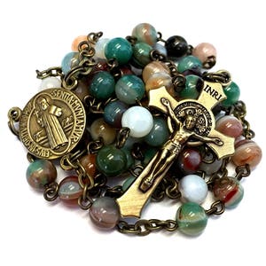 Vintage Style Catholic Handmade Rosary Featuring Striped Agate Stone Beads in Dark Sea Green