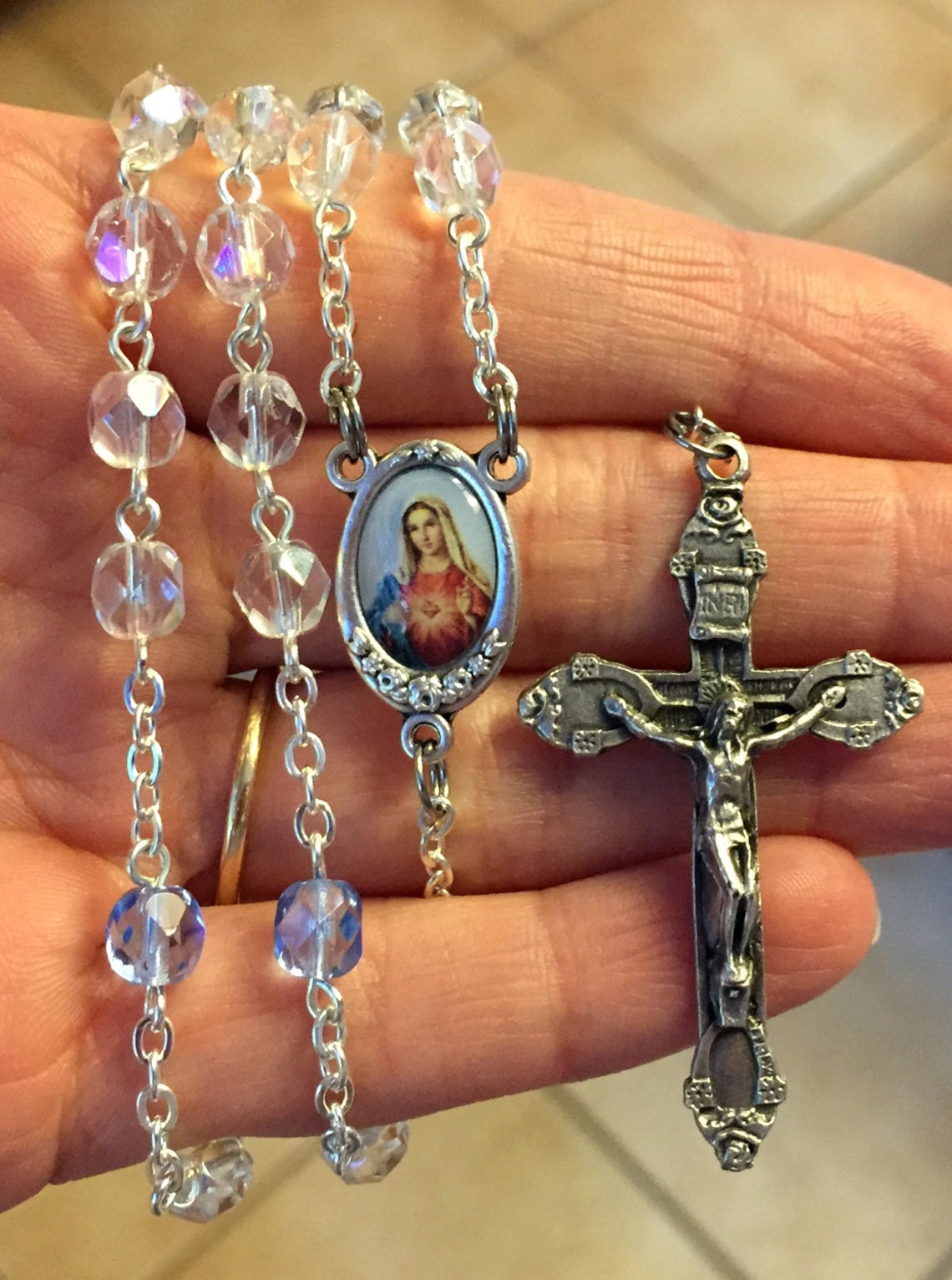 Immaculate Heart of Mary Catholic Handmade Rosary in Clear and - Etsy