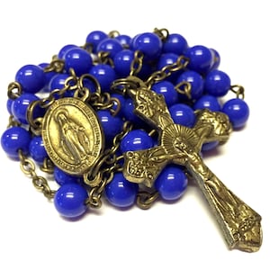 Vintage Syle Czech Pressed Glass Catholic Handmade Rosary in Royal Blue with Sunburst Crucifix