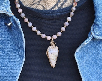 Wire Wrapped Agate Necklace: Sunstone Beaded Gemstone Pendant