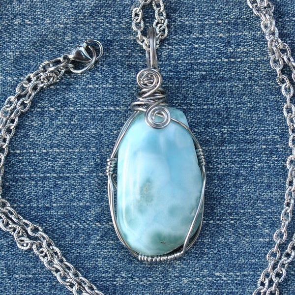 Larimar pendant; light blue stone; wire wrapped larimar;  stainless steel wire wrap; handmade necklace; throat chakra stone; blue pectolite