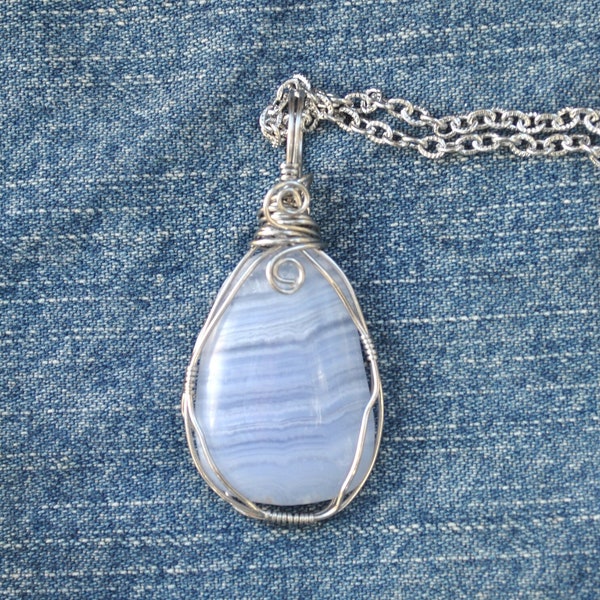 Blue lace agate necklace pendant; light blue stone necklace; gemstone necklace; handmade necklace; wire wrapped stone; stainless steel chain