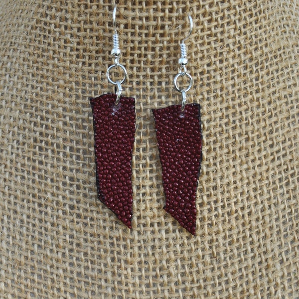 Stingray hide earrings; stingray skin earrings; dark red leather earrings; minimalist earrings; repurposed jewelry; stainless steel ear wire