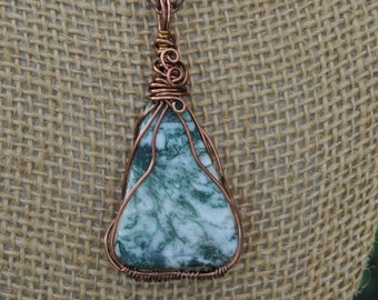 Tree agate wire wrap; green white stone; tree agate pendant; triangle pendant; stone necklace; copper wire wrap; handmade jewelry