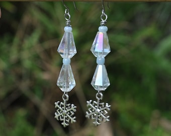 Snowflake earrings; glass snowflake earrings; holiday earrings; winter earrings; stainless steel earwires; drop earrings