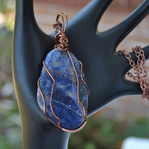 Wire wrapped sodalite pendant; handmade sodalite necklace; blue stone necklace; copper wire wrap; dark blue pendant; stone necklace