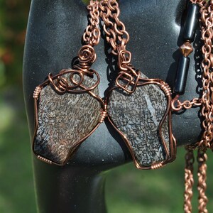 May include: Two copper wire wrapped pendants with fossilized stone accents hang from a copper chain necklace. The necklace features black beads and a copper clasp.