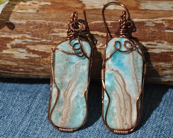 Handmade Blue Aragonite Earrings: Wire Wrapped Caribbean Calcite
