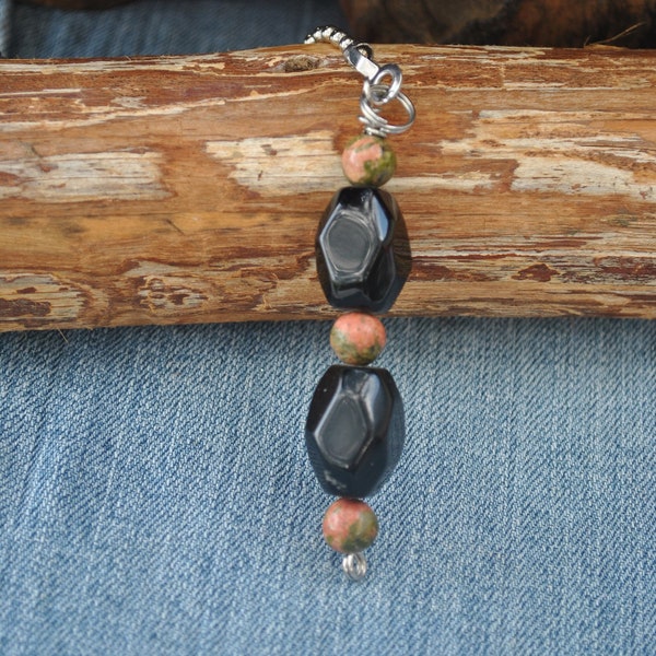 Stone bead chain pull; obsidian and unakite fan pull; beaded light pull; black green orange decoration; handmade home accent piece