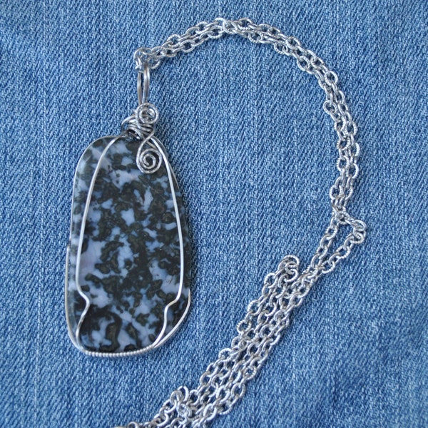 Indigo gabbro pendant; black gray stone pendant; wire wrapped stone; stainless steel necklace; unisex necklace; handmade necklace