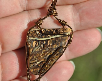 Boulder Opal Bronze Tone Wire Wrapped Necklace: Handcrafted natural stone pendant