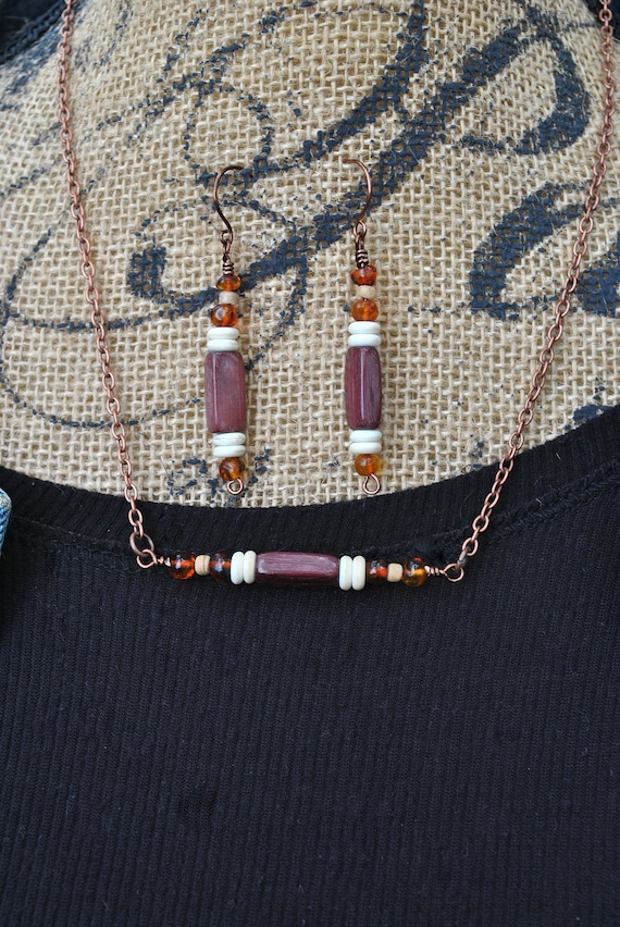 Wood & Amber Bead Necklace Earring Set: Warm Color Jewelry