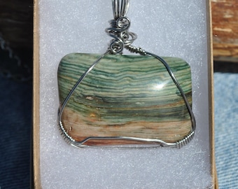 Gary Green Jasper Stainless Steel Wire Wrapped Necklace: Scenic petrified bog wood pendant