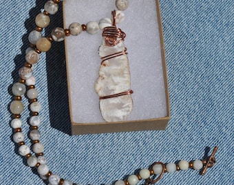 Copper Wire Wrapped Agate Necklace: Beaded Gemstone Pendant