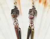 Native bird earrings; bird charm earrings; multicolor metal spike earrings;spike earrings; thunderbird earrings; silver bird earrings