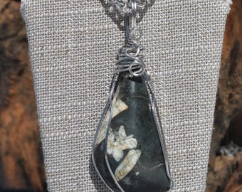 Chinese Writing Stone Wire Wrap Pendant; Handcrafted stone necklace