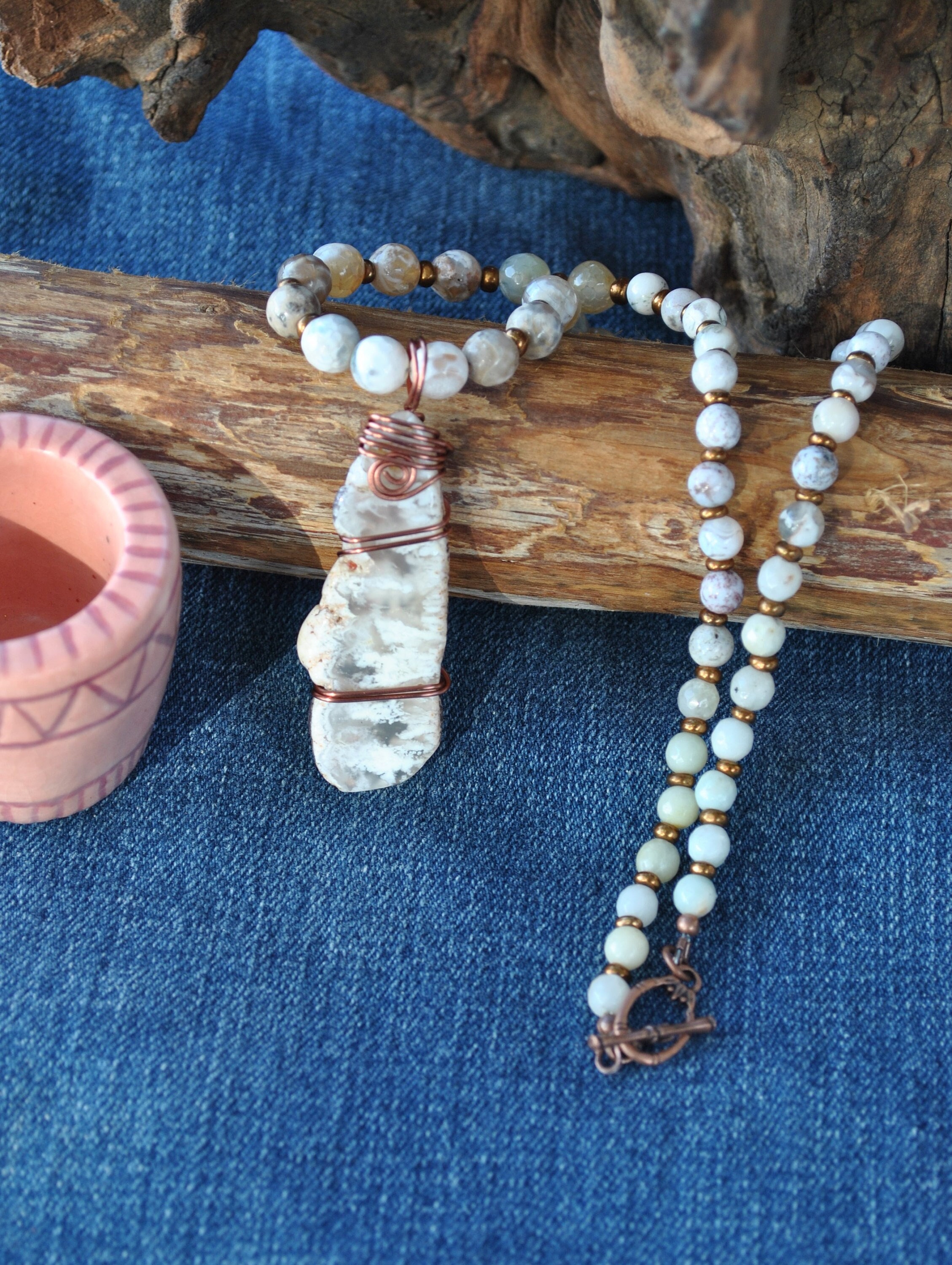 Copper Wire Wrapped Agate Necklace: Beaded Gemstone Pendant