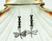 Dragonfly earrings; hematite earrings; silver dragonfly charm; hematite jewelry; dragonfly jewelry; nature theme earring; dark gray earrings